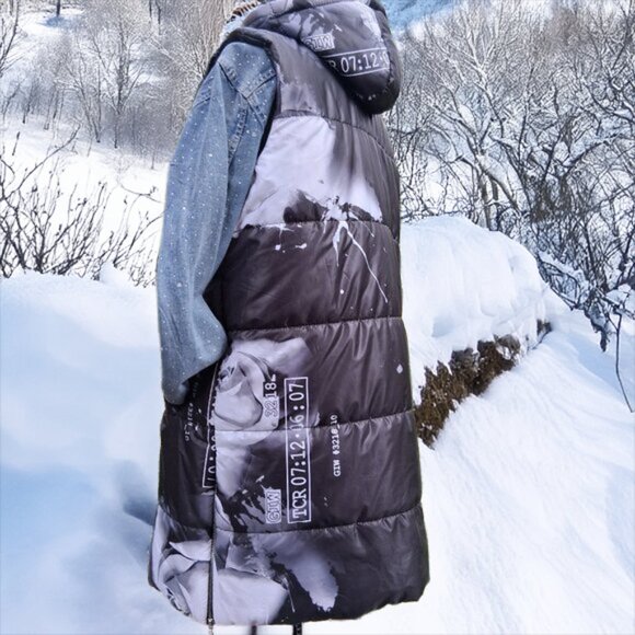 Amar Moda Jackets & Blazers - Black White Rose with Crystals Hooded Puffer Vest XL